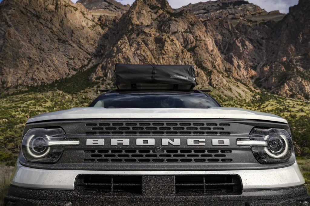 Up close and personal with the front grills of a 2022 Ford Bronco Sport. 