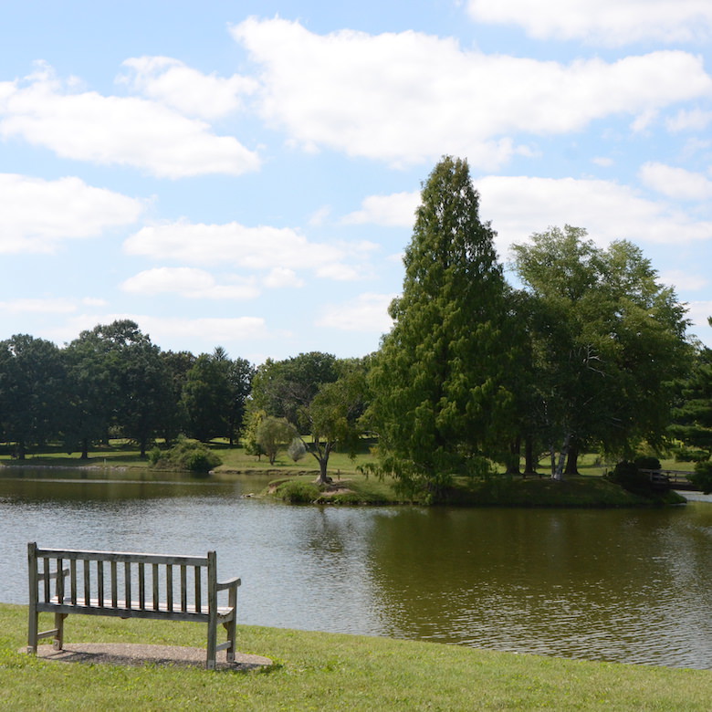 An image of a rest stop in front of Dawes Lake at Dawes Arboretum in Ohio.