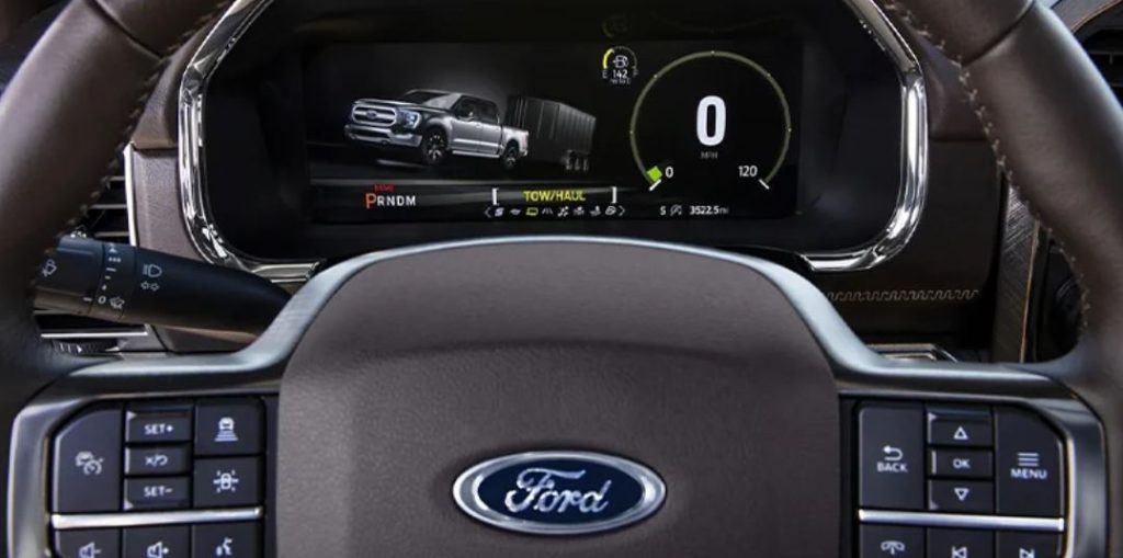 The steering wheel of a 2023 Ford F-150.