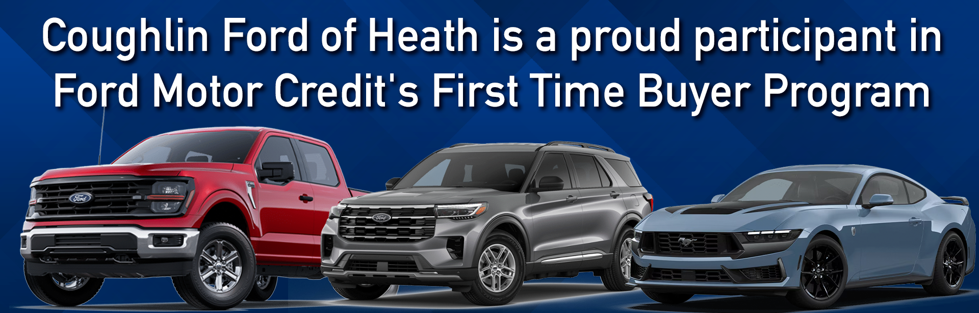 Ford vehicle line up on blue background